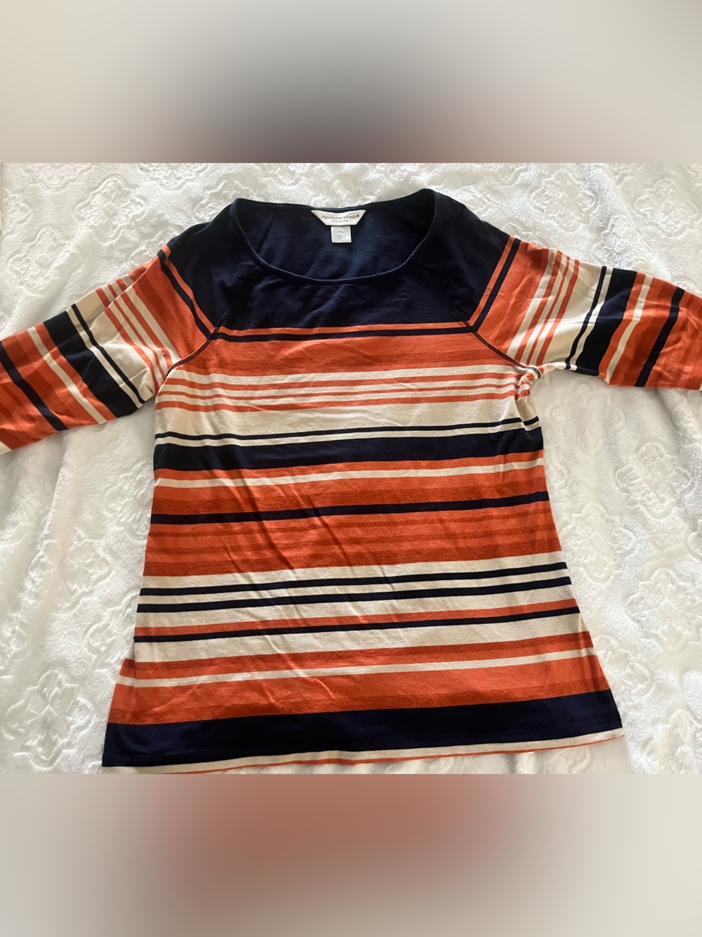 Christopher & Banks Striped 3/4 Sleeve Crewneck in Rust, Navy & Cream